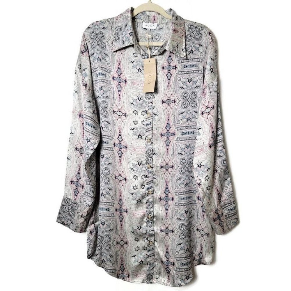 ACOA Artsy Geometric Tribal Boho Silky Satin Long Sleeve Button Up Shirt Dress L